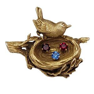 Anson Sterling Silver, Gold Tone Rhinestone Bird In Nest Brooch Pin, Signed K436
